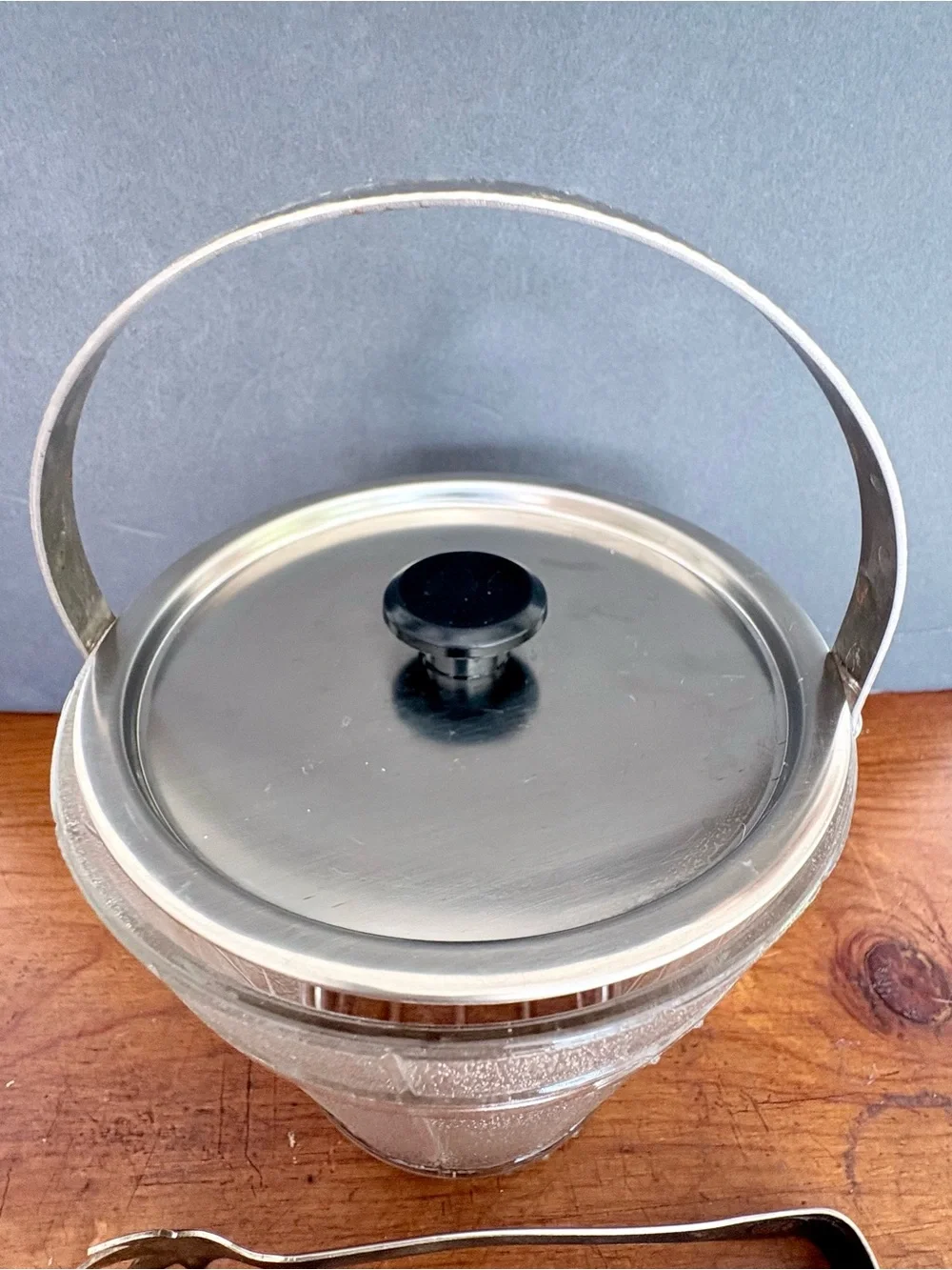 Glass Ice Bucket with Silver-toned Handle and silver-plated Tongs